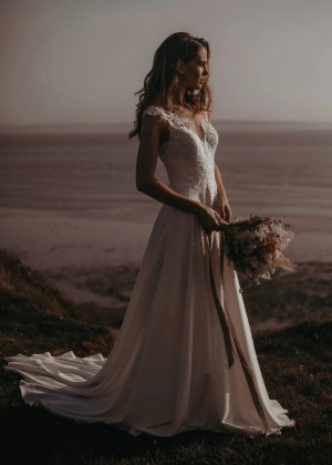 Cap Sleeves Ivory Lace Chiffon Boho Beach Wedding Dress